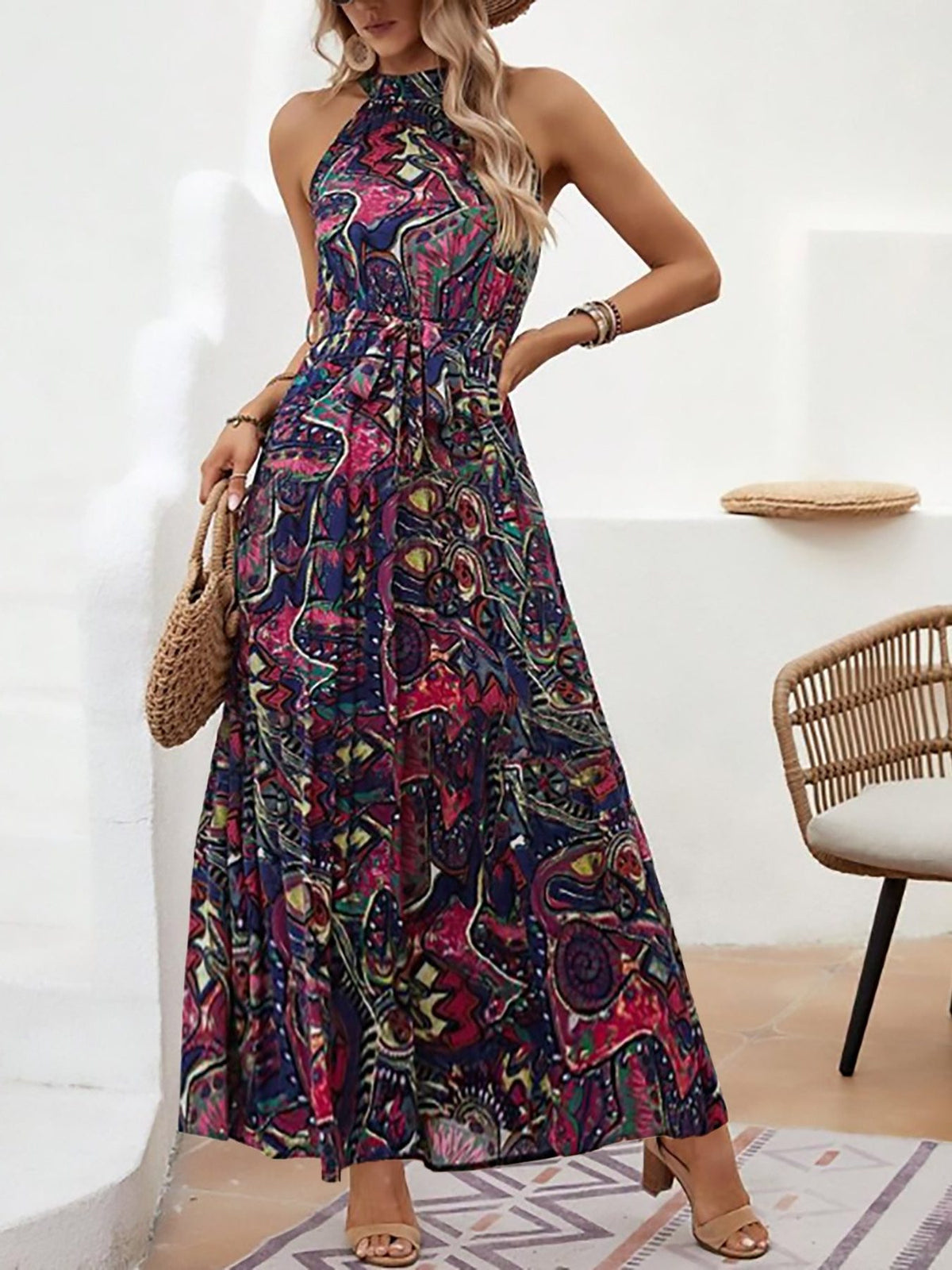 Robe Longue à Motifs avec Col Montant et Ceinture pour Femme - Violet