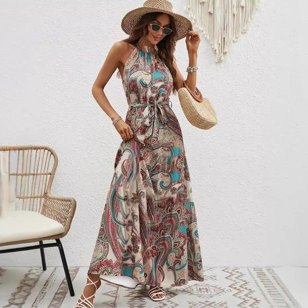 Robe Longue à Motifs avec Col Montant et Ceinture pour Femme - View 5
