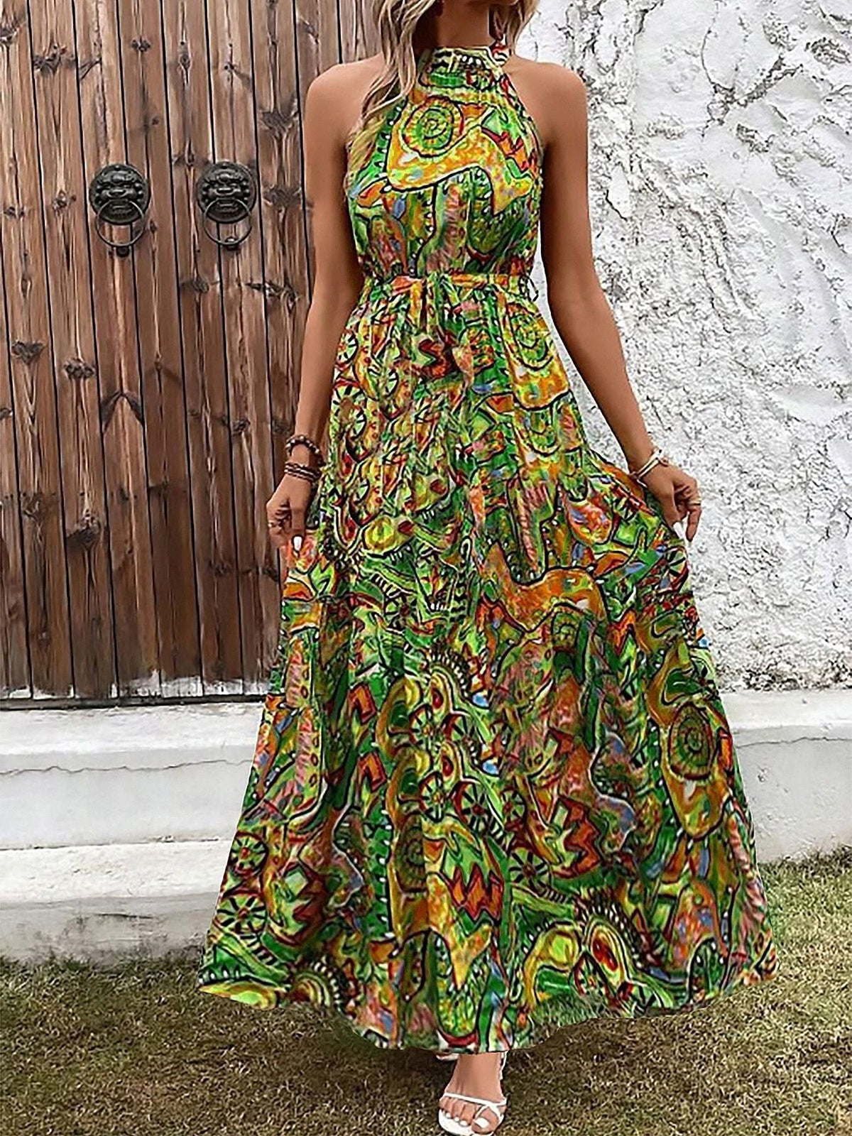 Robe Longue à Motifs avec Col Montant et Ceinture pour Femme - Orange vert