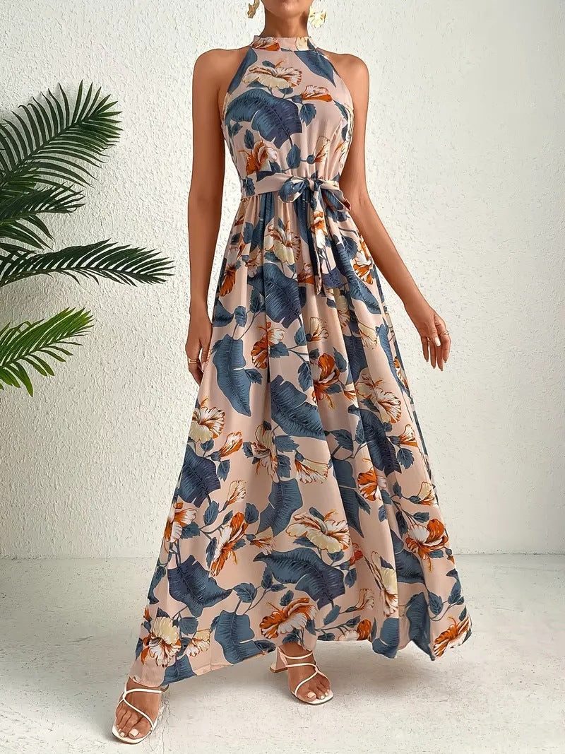 Robe Longue à Motifs avec Col Montant et Ceinture pour Femme - Bleu