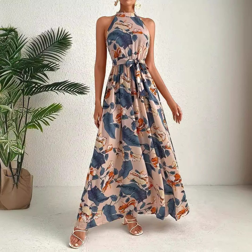 Robe Longue à Motifs avec Col Montant et Ceinture pour Femme - View 2