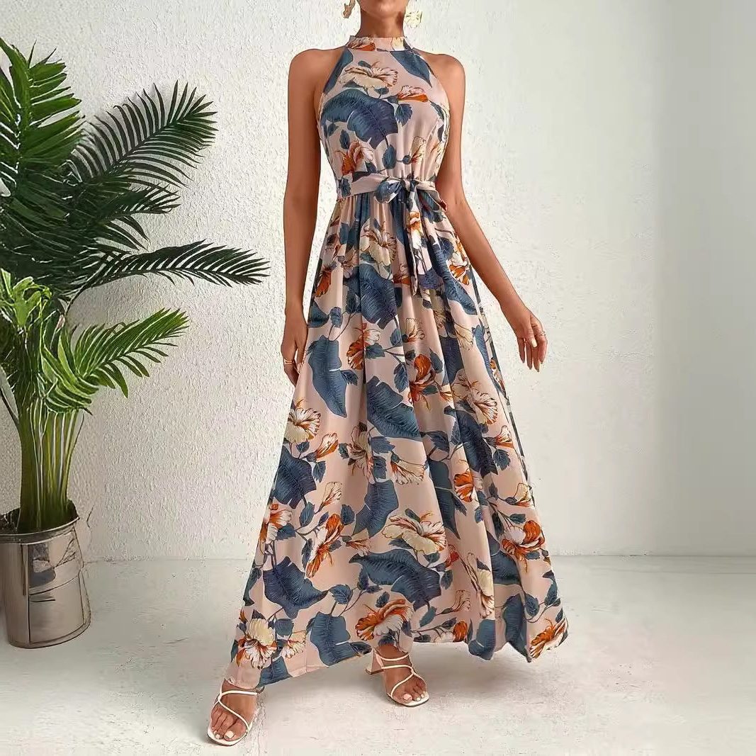 Robe Longue à Motifs avec Col Montant et Ceinture pour Femme - View 4