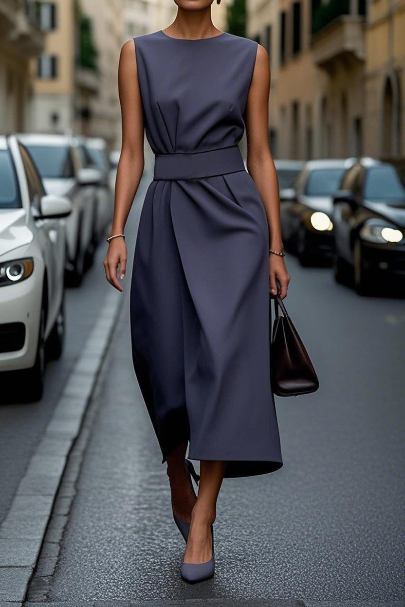 Robe Longue Moulante sans Manches avec Fente pour Femme - Bleu marine