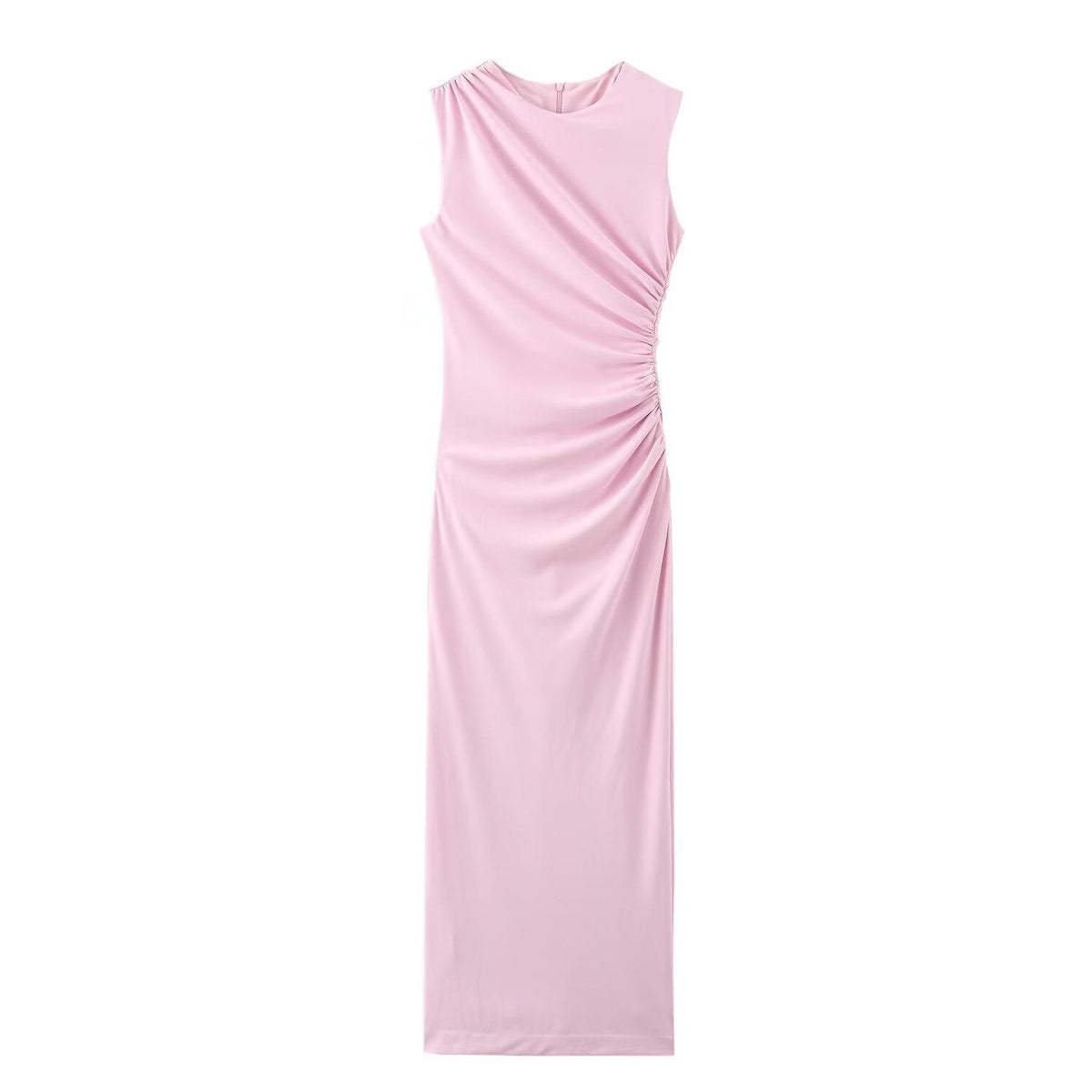 Robe Longue Moulante sans Manches Col Rond pour Femme - Rose