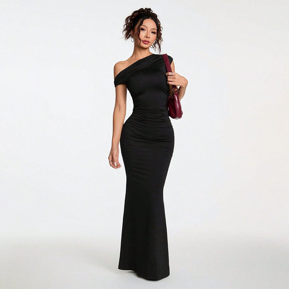 Robe Longue Épaule Dénudée Drapée pour Femme