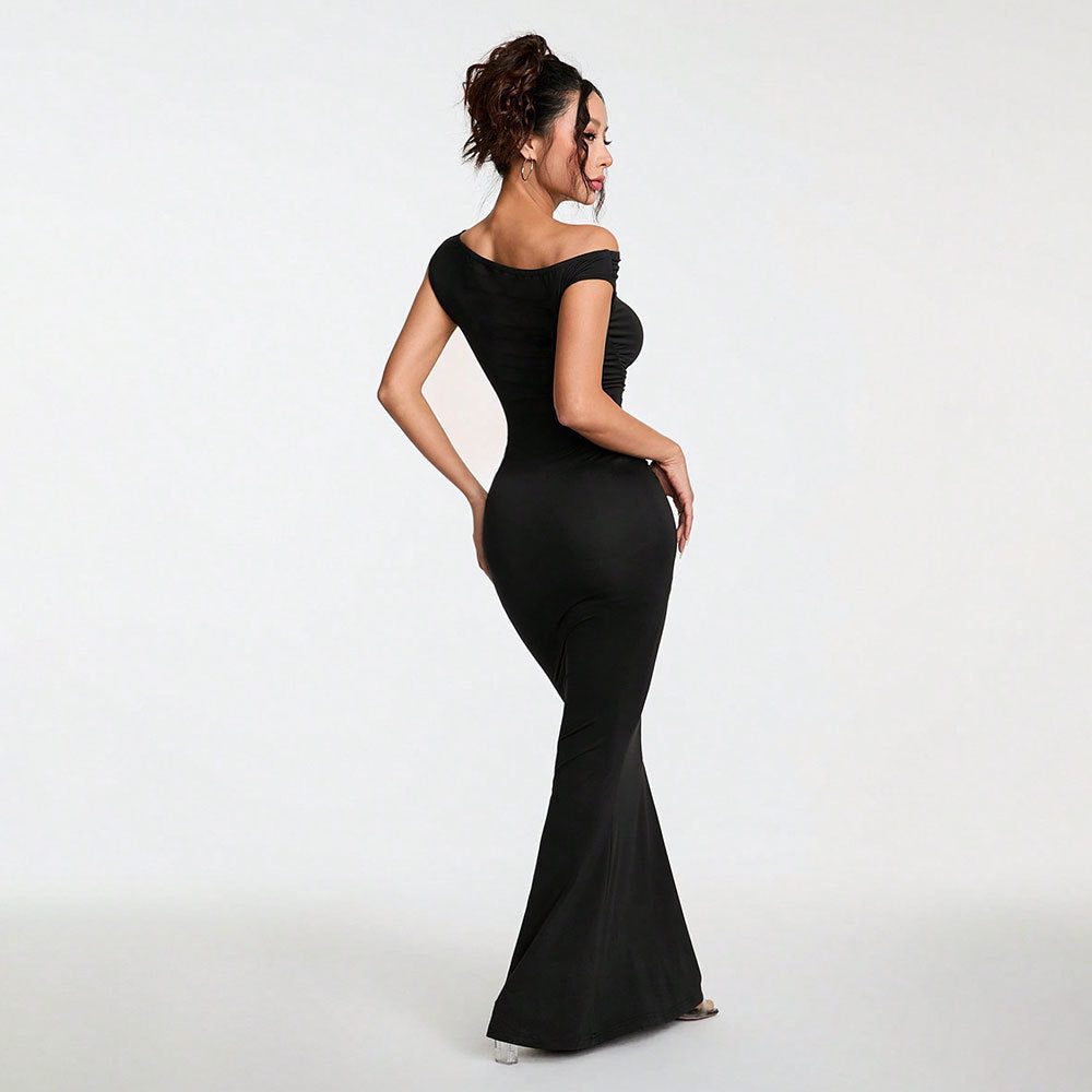 Robe Longue Épaule Dénudée Drapée pour Femme - View 2