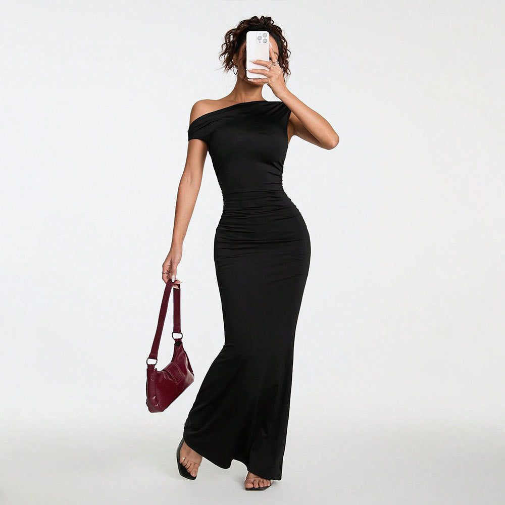 Robe Longue Épaule Dénudée Drapée pour Femme - View 4