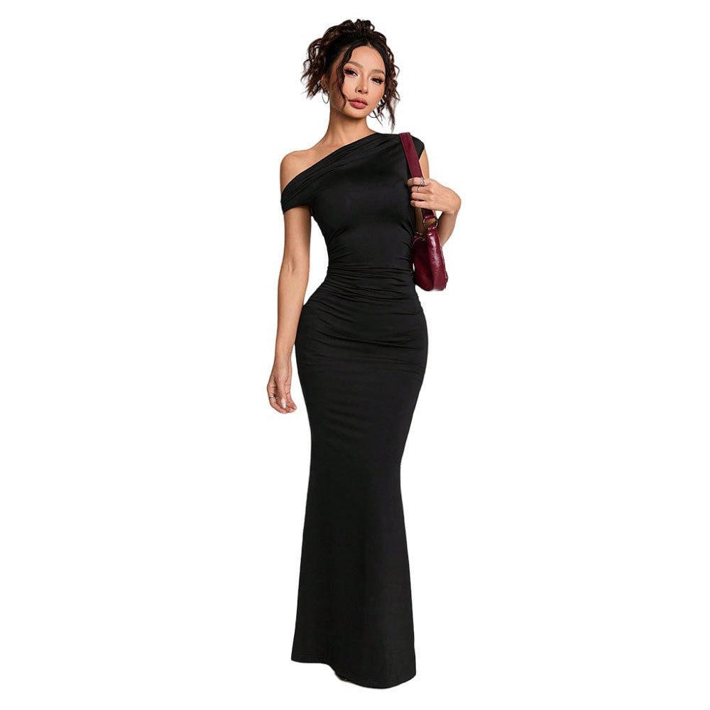 Robe Longue Épaule Dénudée Drapée pour Femme - View 5