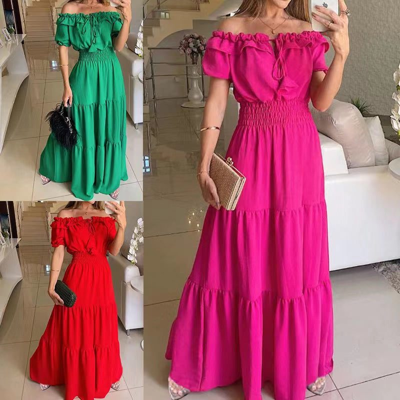 Robe Longue Épaules Dénudées avec Volants pour Femme