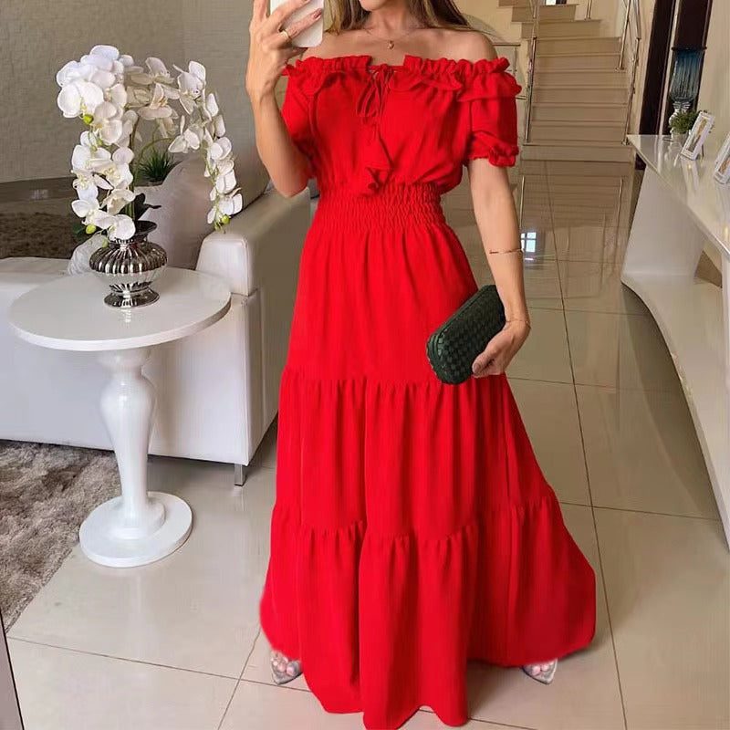 Robe Longue Épaules Dénudées avec Volants pour Femme - Rouge