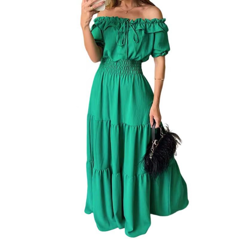 Robe Longue Épaules Dénudées avec Volants pour Femme - Vert