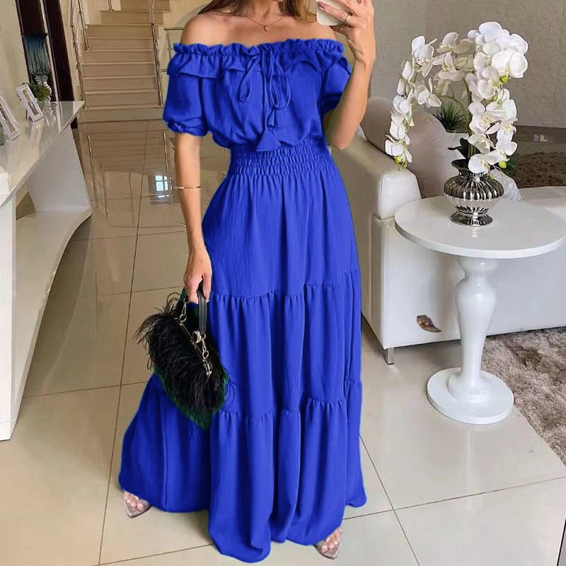 Robe Longue Épaules Dénudées avec Volants pour Femme - Bleu