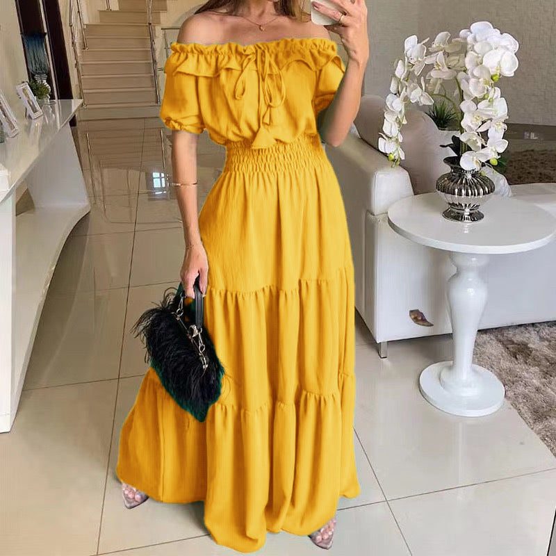Robe Longue Épaules Dénudées avec Volants pour Femme - Jaune