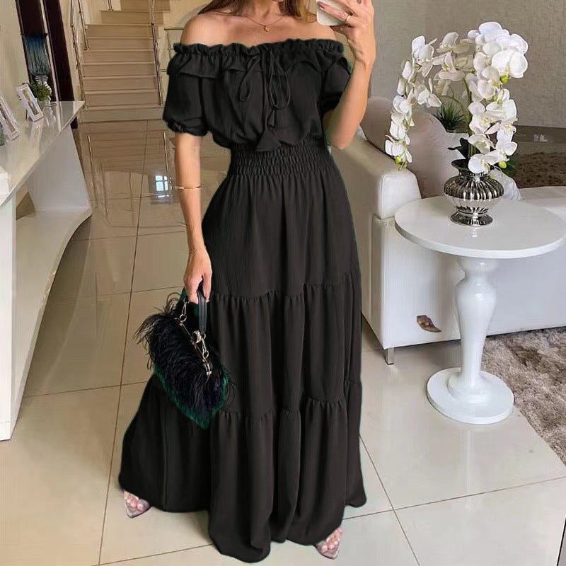 Robe Longue Épaules Dénudées avec Volants pour Femme - Noir