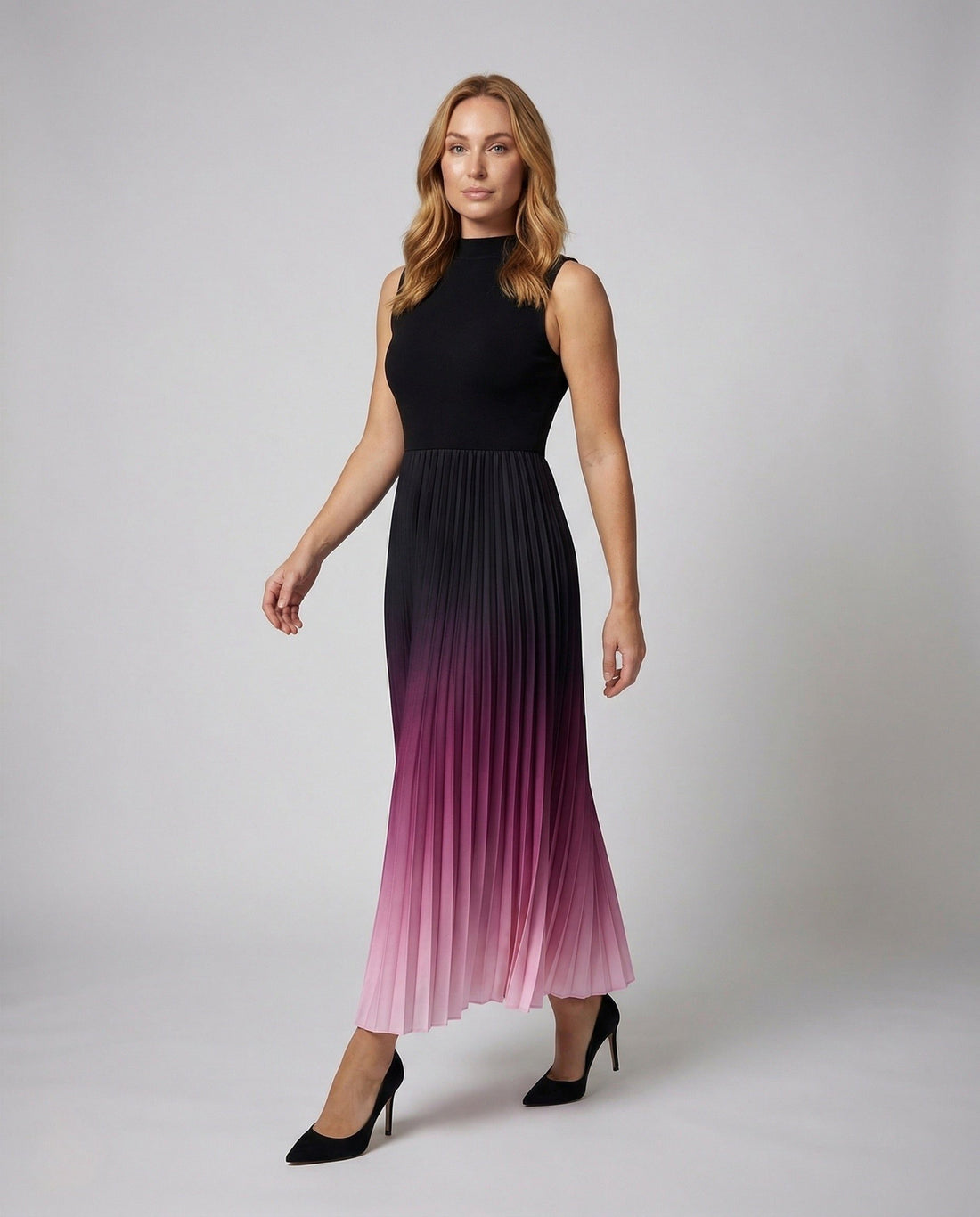 Robe Longue Plissée avec Col Montant pour Femme