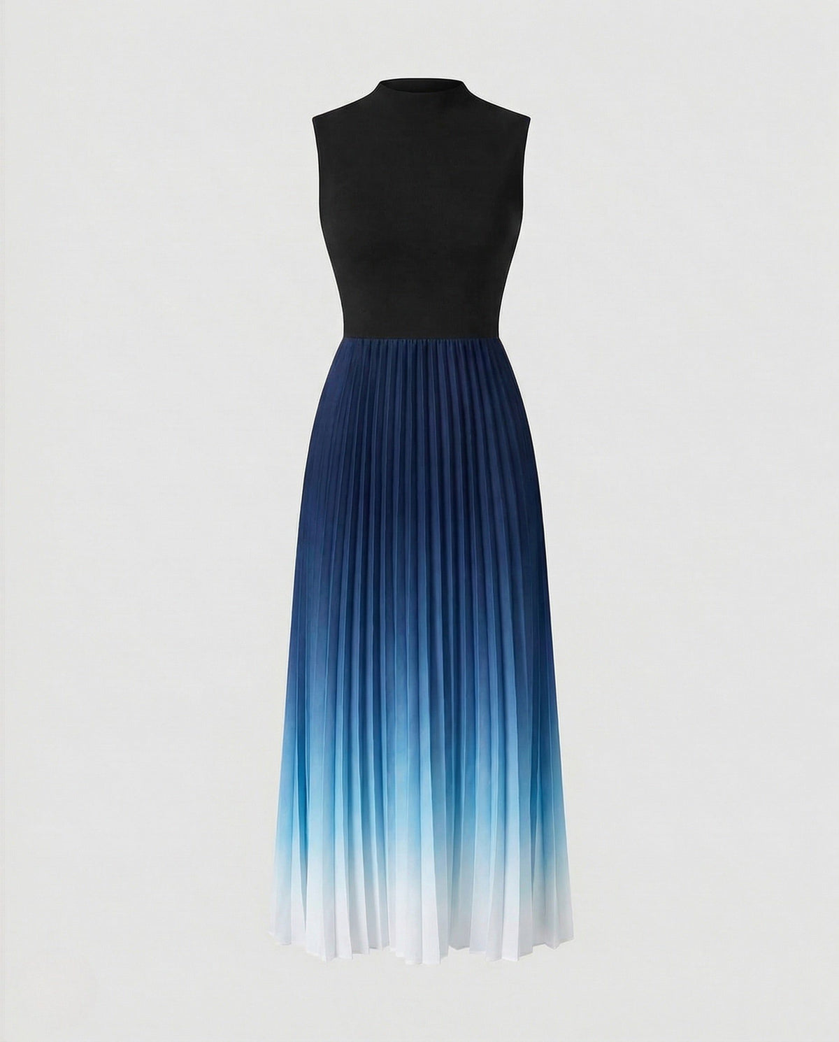 Robe Longue Plissée avec Col Montant pour Femme - Bleu