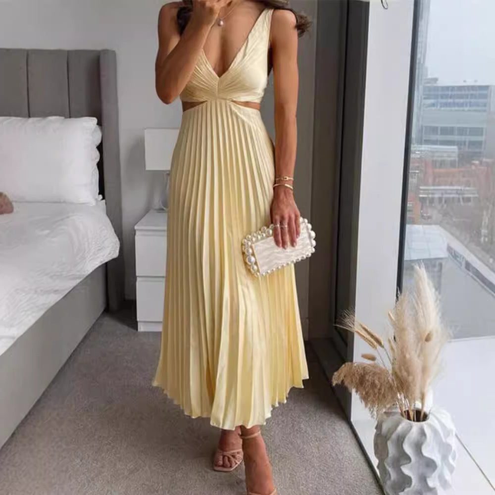 Robe Longue Plissée Col V pour Femme