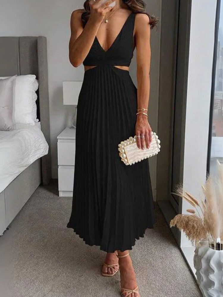 Robe Longue Plissée Col V pour Femme - Noir
