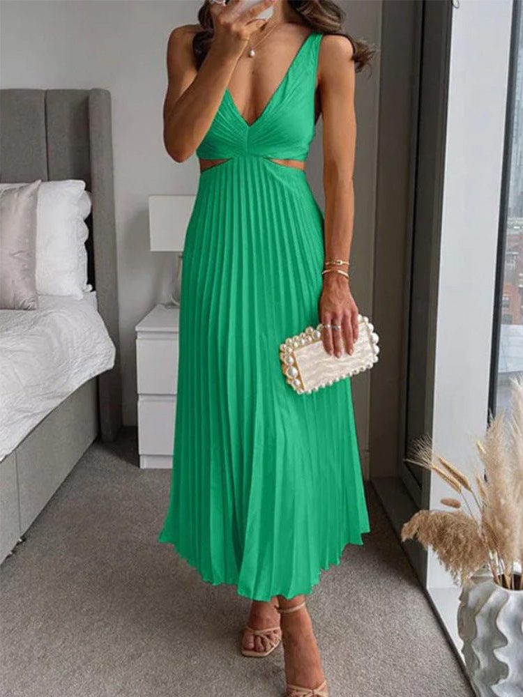 Robe Longue Plissée Col V pour Femme - Vert
