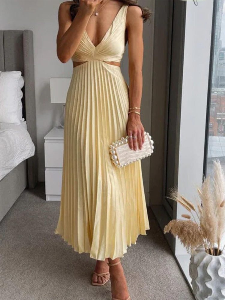 Robe Longue Plissée Col V pour Femme - Jaune
