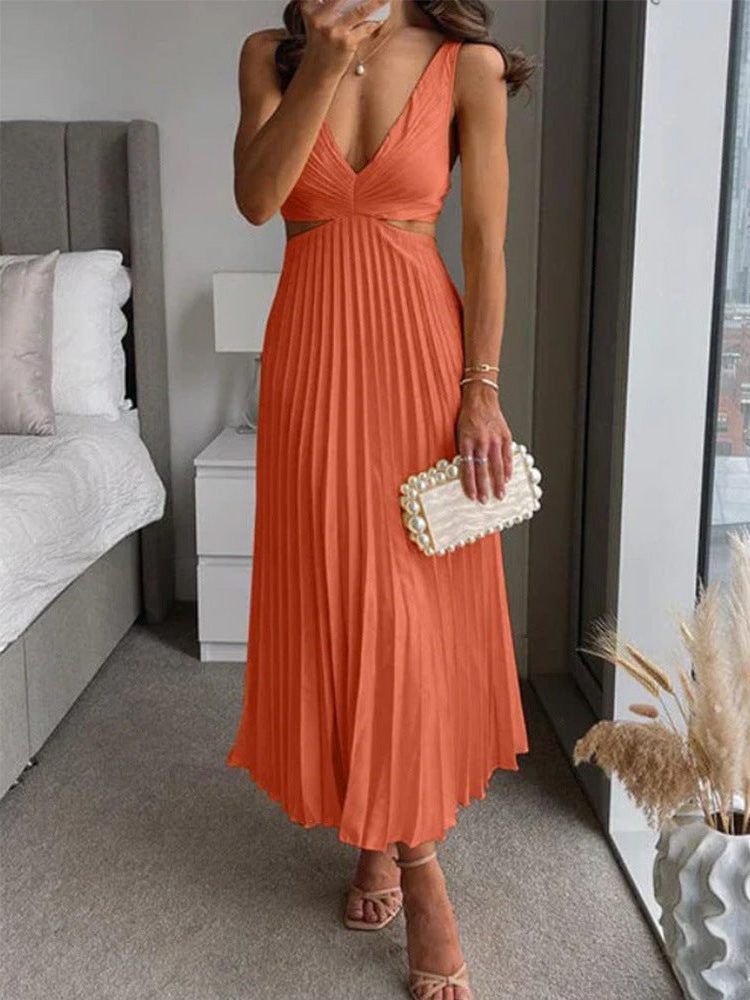 Robe Longue Plissée Col V pour Femme - Pastèque