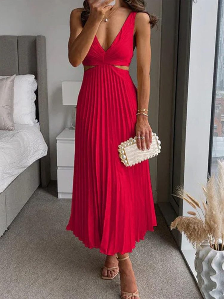 Robe Longue Plissée Col V pour Femme - Rouge