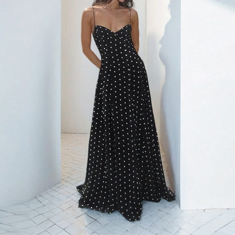 Robe Longue à Pois avec Bretelles Fines pour Femme