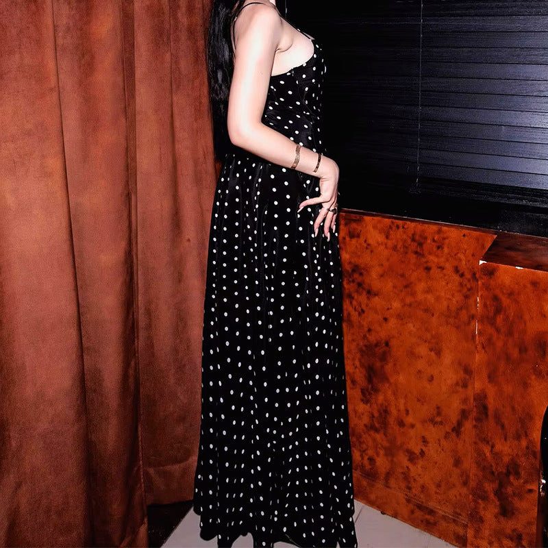 Robe Longue à Pois avec Bretelles Fines pour Femme