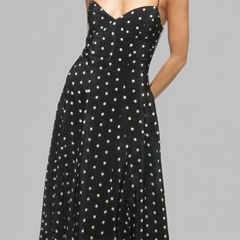 Robe Longue à Pois avec Bretelles Fines pour Femme