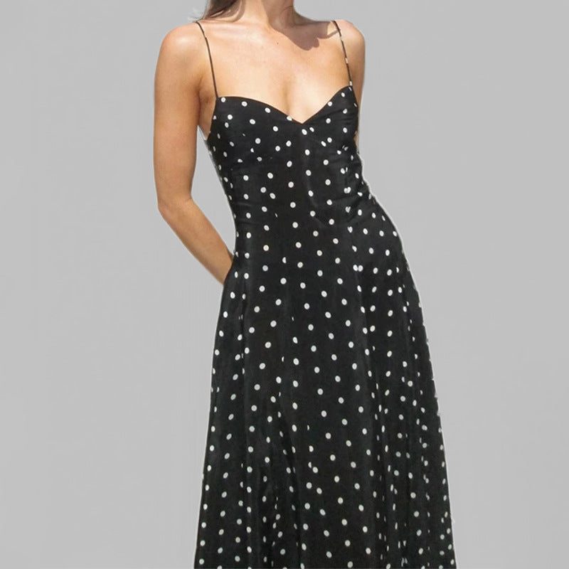 Robe Longue à Pois avec Bretelles Fines pour Femme