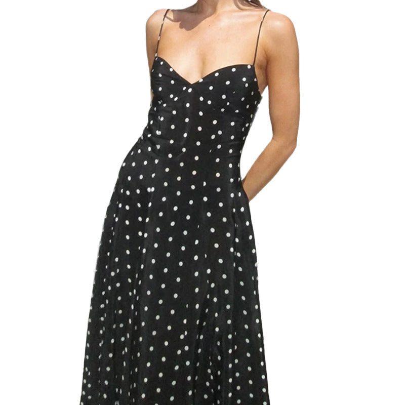 Robe Longue à Pois avec Bretelles Fines pour Femme