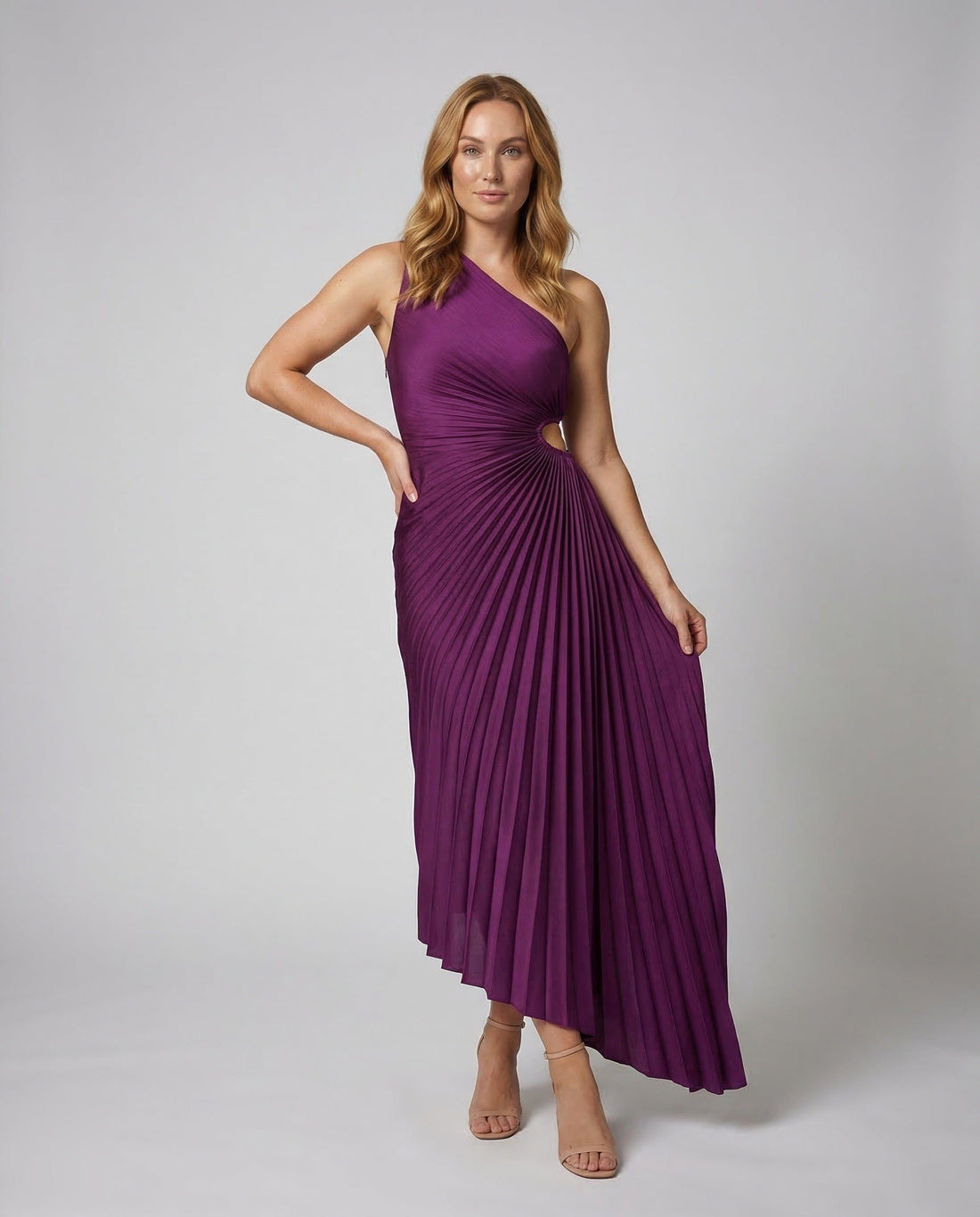 Robe Longue une Épaule Plissée avec Découpe Taille pour Femme