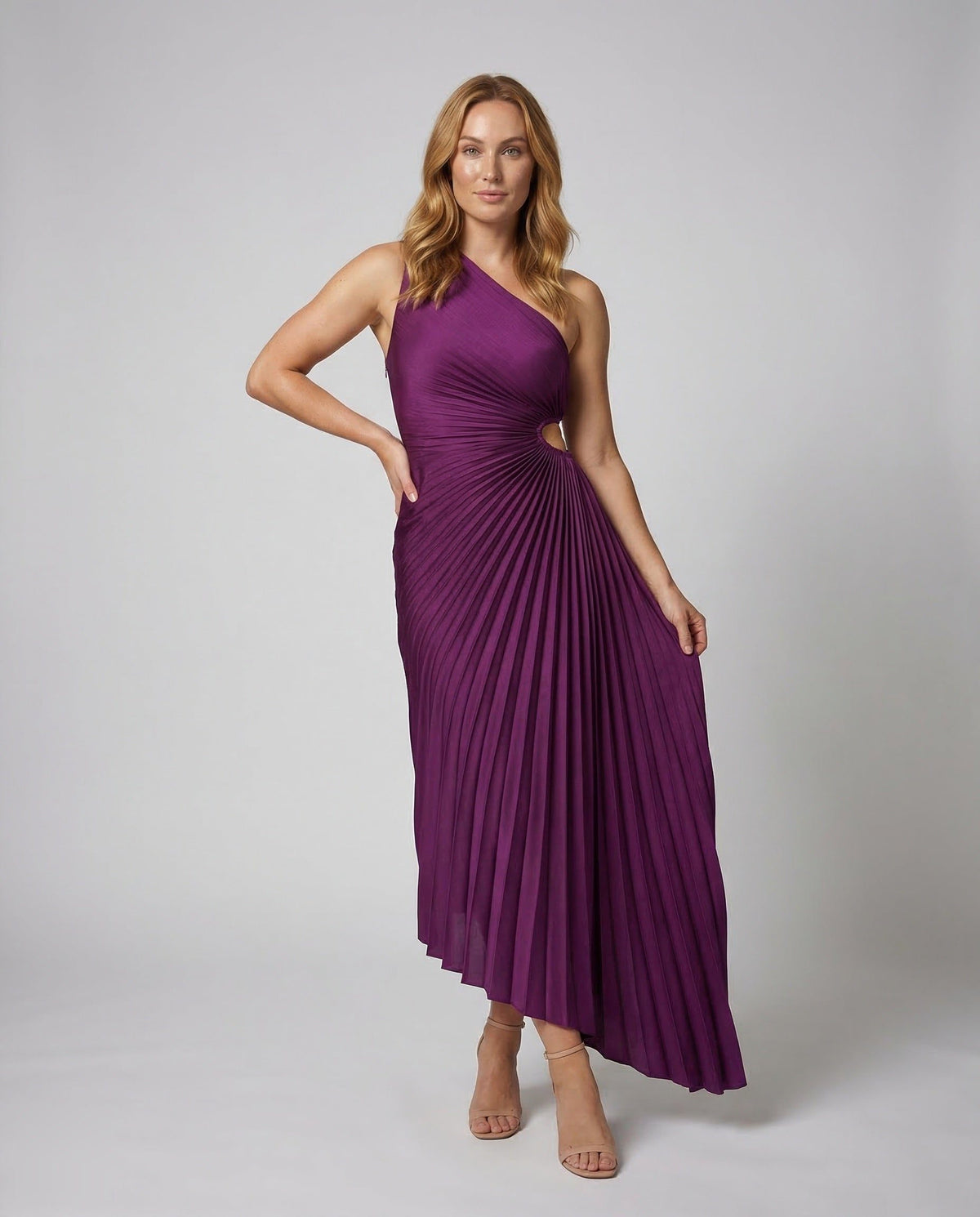 Robe Longue une Épaule Plissée avec Découpe Taille pour Femme