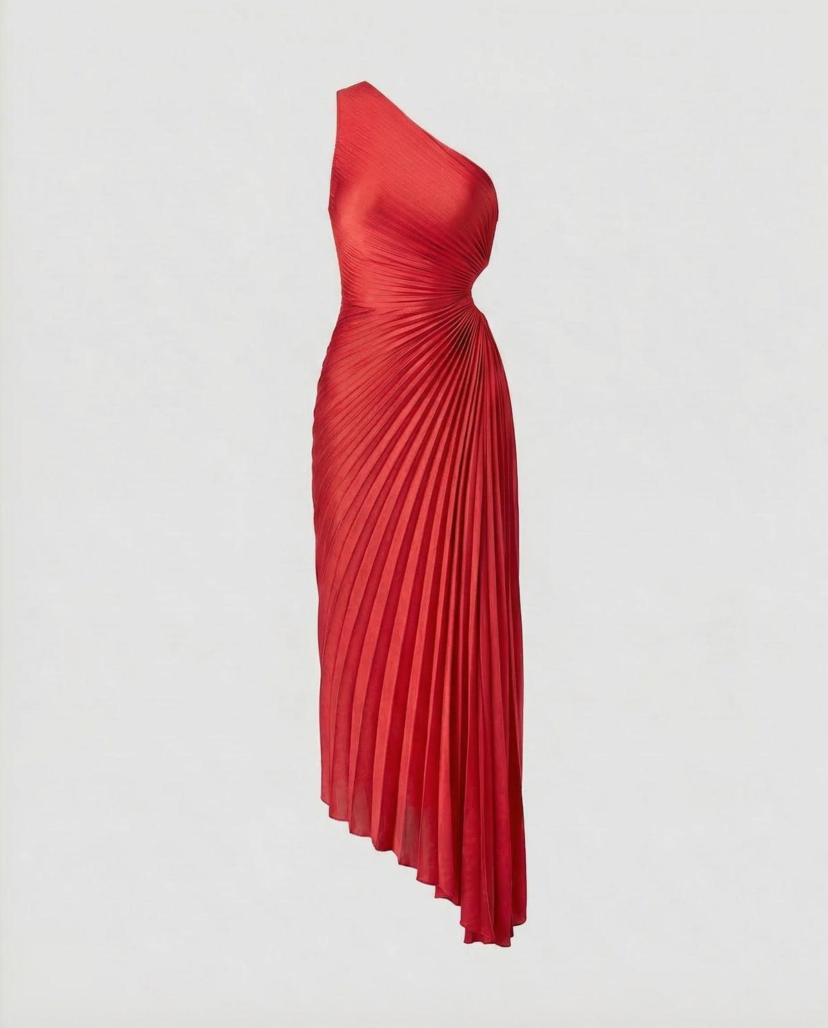 Robe Longue une Épaule Plissée avec Découpe Taille pour Femme - Rouge