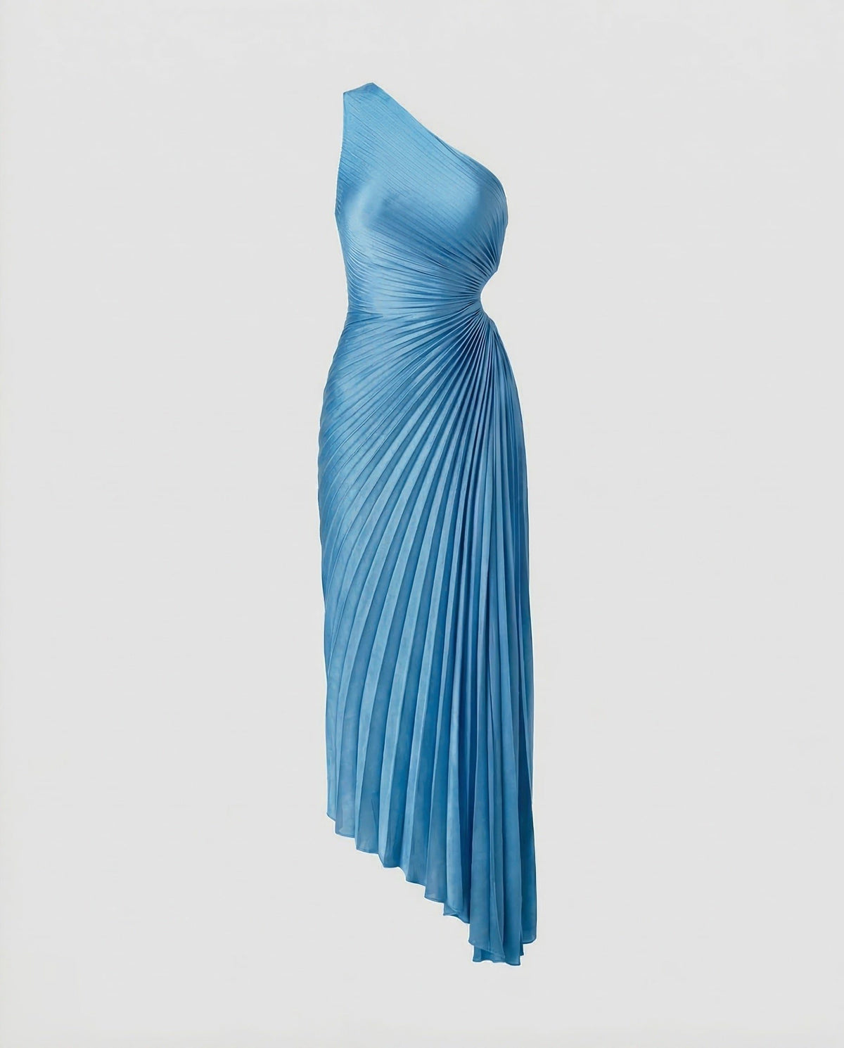 Robe Longue une Épaule Plissée avec Découpe Taille pour Femme - Bleu clair