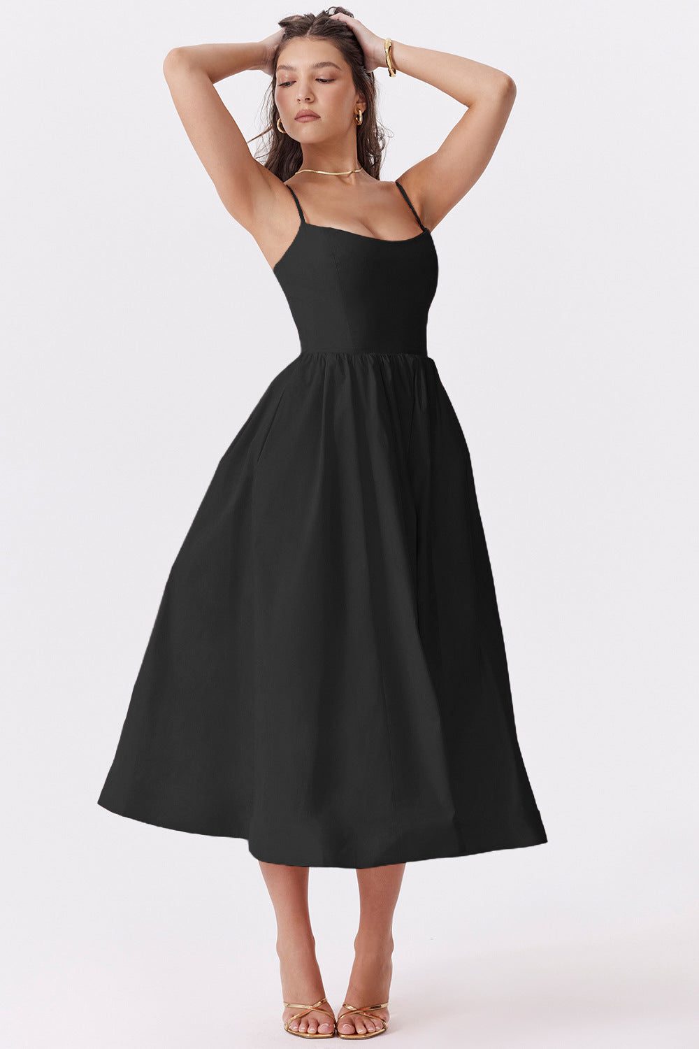 Robe Longue Évasée avec Bretelles Fines pour Femme - Noir