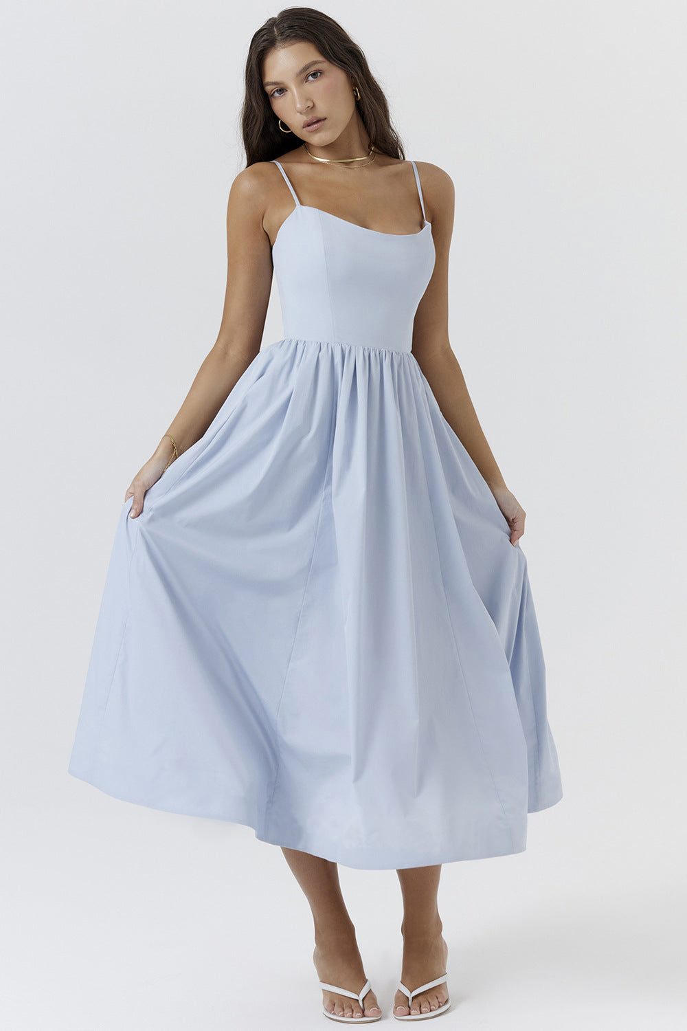 Robe Longue Évasée avec Bretelles Fines pour Femme - Bleu ciel