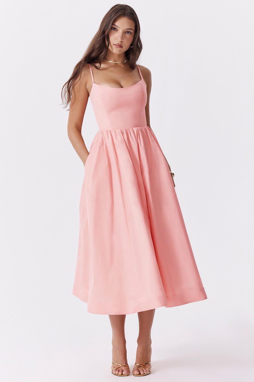 Robe Longue Évasée avec Bretelles Fines pour Femme - Rose
