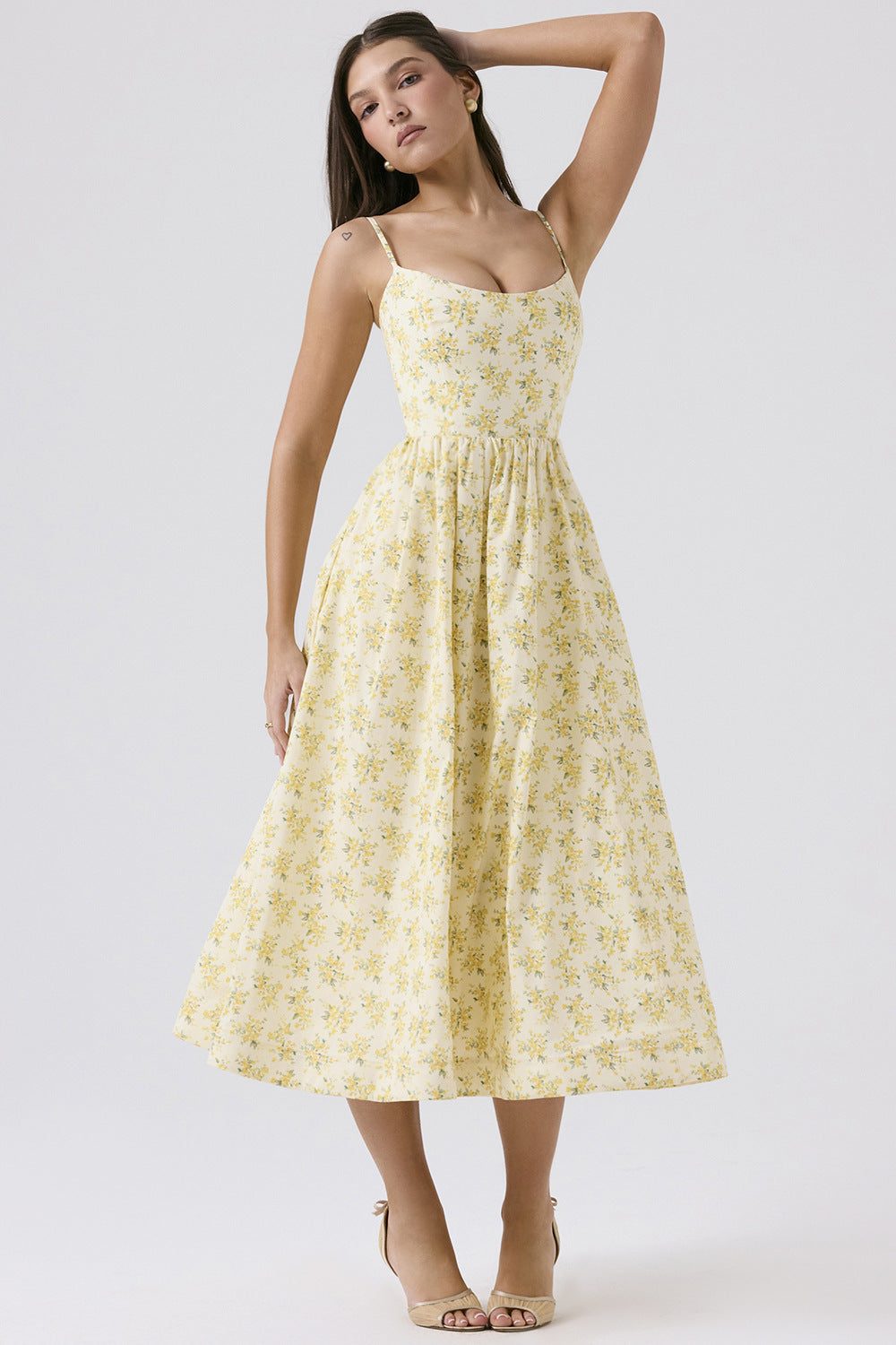 Robe Longue Évasée avec Bretelles Fines pour Femme - Jaune