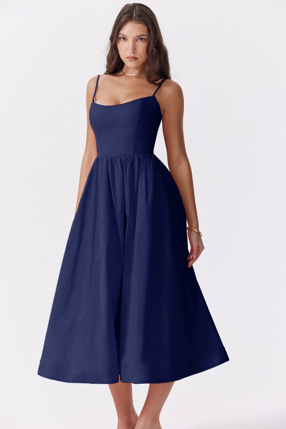 Robe Longue Évasée avec Bretelles Fines pour Femme - Bleu marine