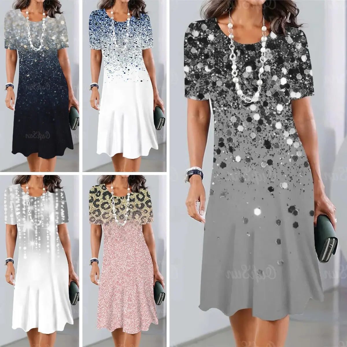 Robe Mi-Longue à Motif Pois avec Manches Courtes pour Femme