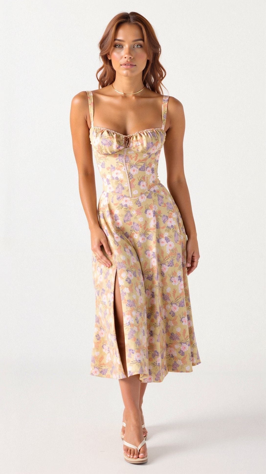 Robe Mi-Longue avec Fente pour Femme - Jaune