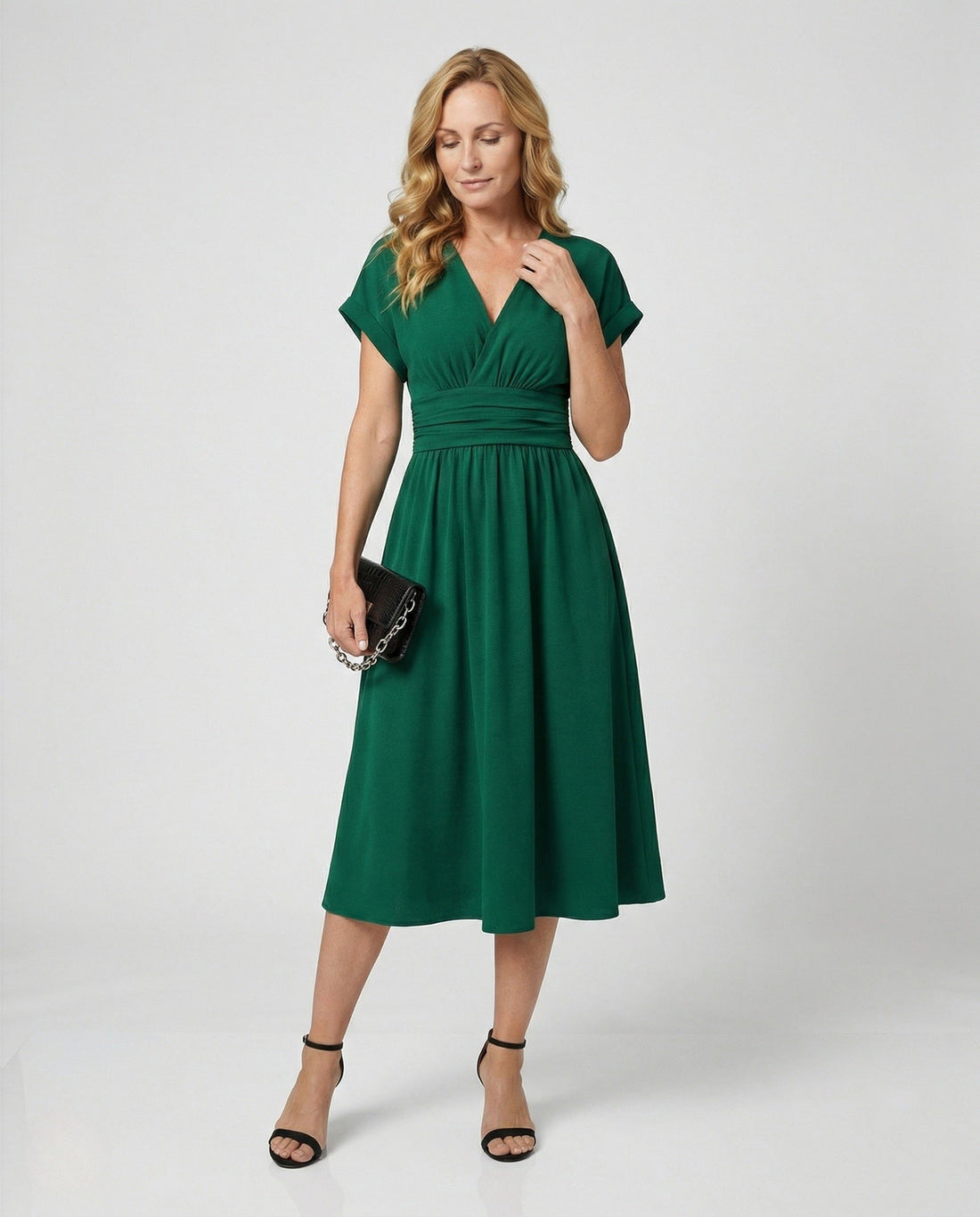 Robe Mi-Longue Cache-Cœur Taille Ceinturée pour Femme
