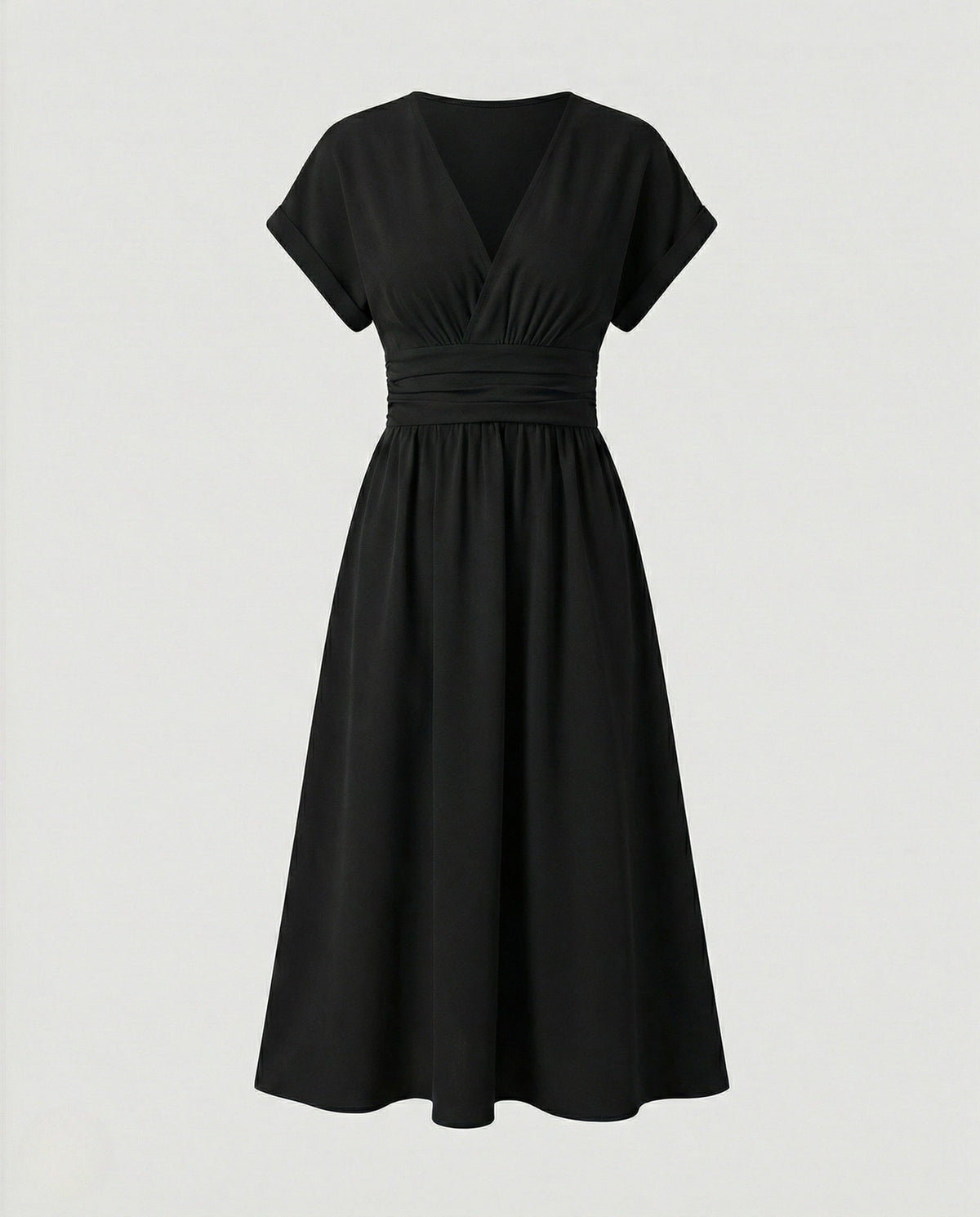 Robe Mi-Longue Cache-Cœur Taille Ceinturée pour Femme - Noir