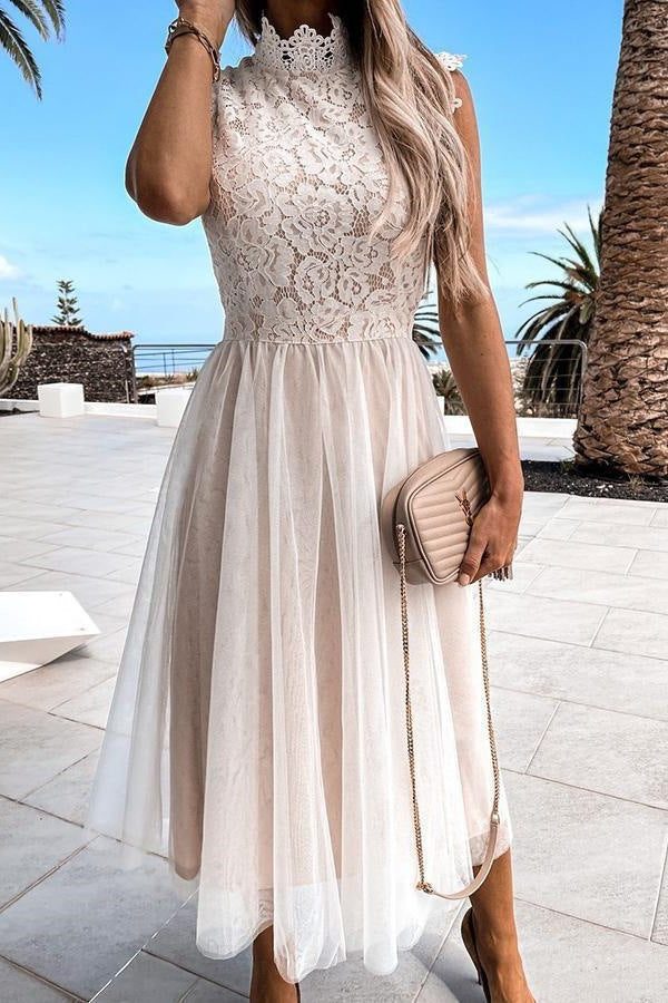 Robe Mi-Longue en Dentelle avec Col Montant pour Femme - Blanc