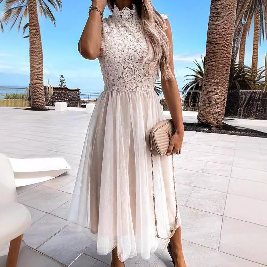 Robe Mi-Longue en Dentelle avec Col Montant pour Femme