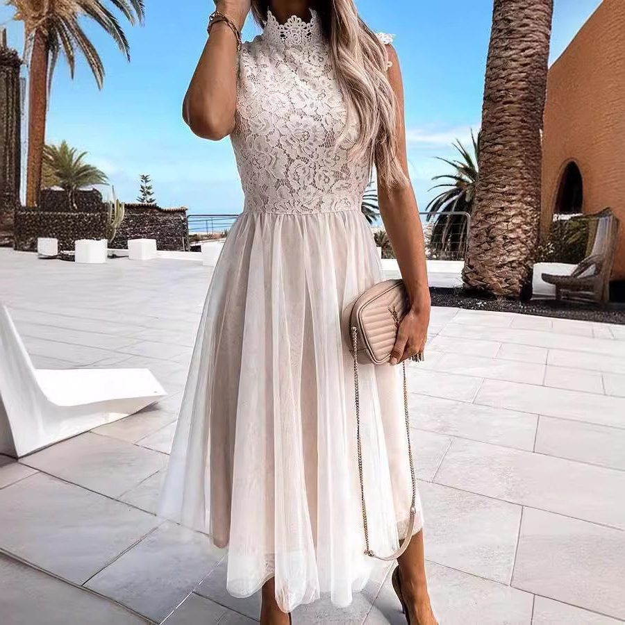 Robe Mi-Longue en Dentelle avec Col Montant pour Femme