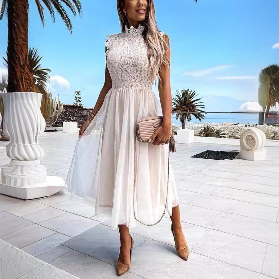 Robe Mi-Longue en Dentelle avec Col Montant pour Femme - View 3