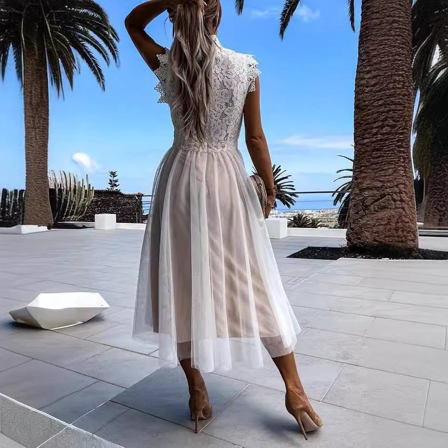 Robe Mi-Longue en Dentelle avec Col Montant pour Femme - View 4