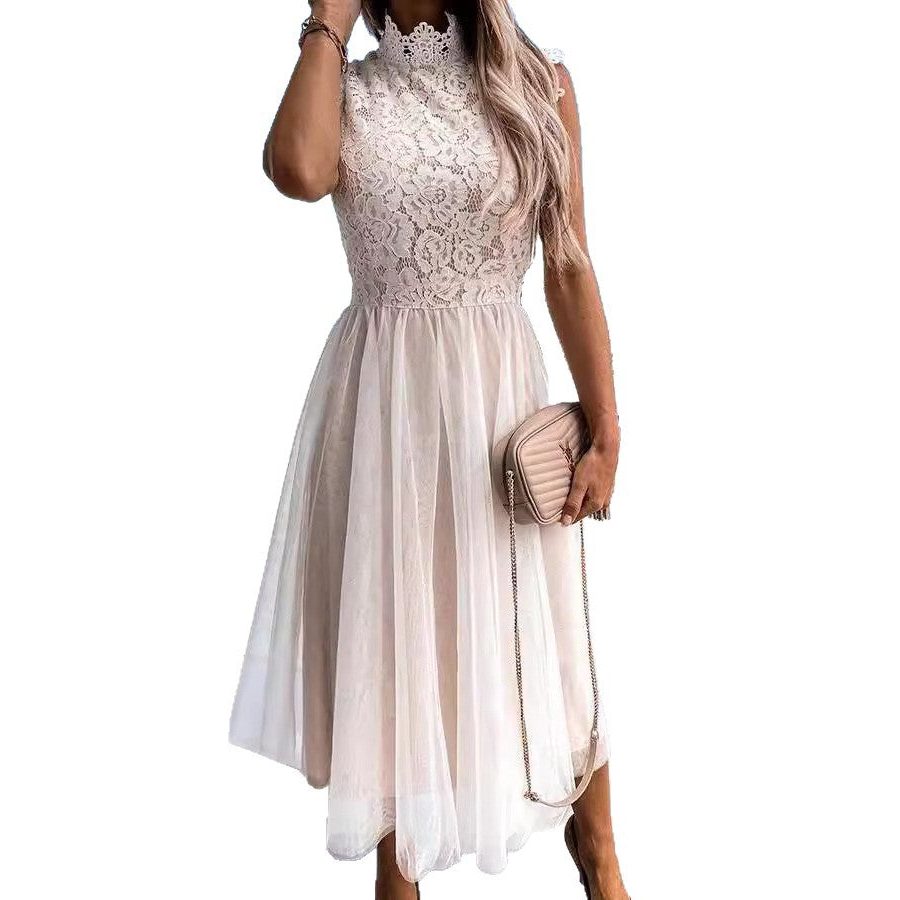Robe Mi-Longue en Dentelle avec Col Montant pour Femme - View 5